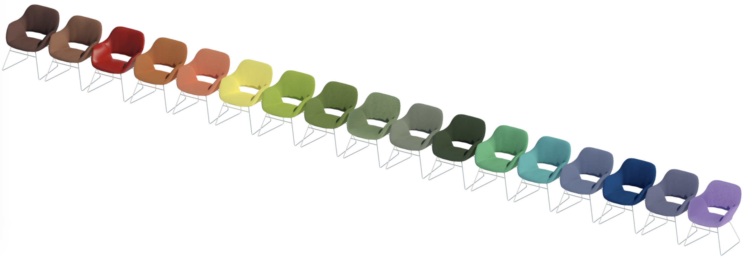 Revit render of 14 rainbow colored Occo chairs demonstrating some of the possible colour variations in upholstery.